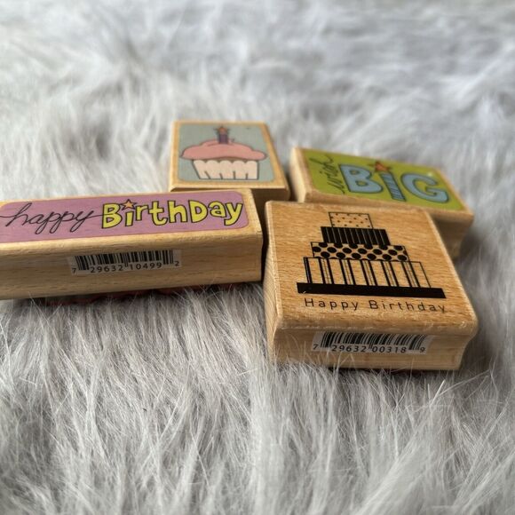 Lot Of 4 Wooden Rubber Stamps Happy Birthday Wish Big Cake Party Scrapbooking - Picture 2 of 4